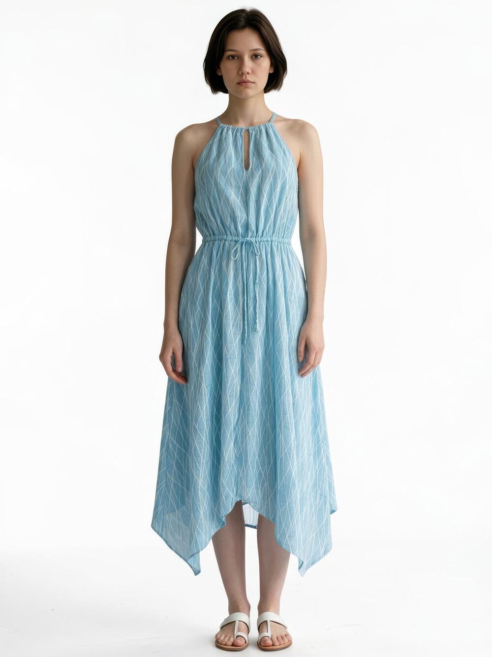 ELIZABETH CROSBY Fence Print Icey Blue Keyhole Drawstring Waist Dress S